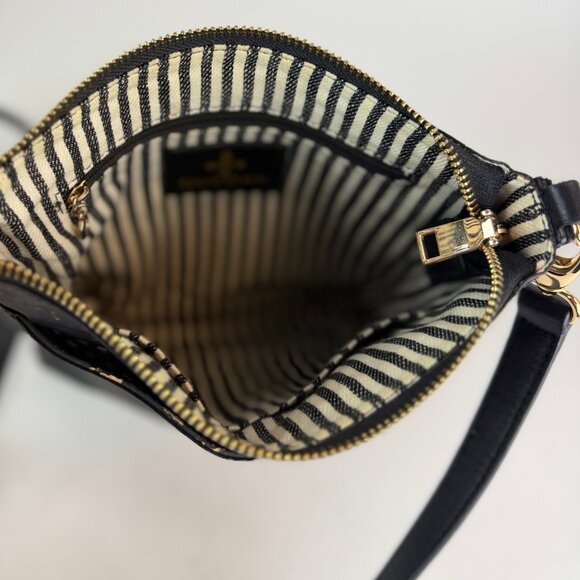 QUEORK Black Cork Crossbody Bag with Gold Flecks, Vegan Leather, Striped Lining - Picture 7 of 11